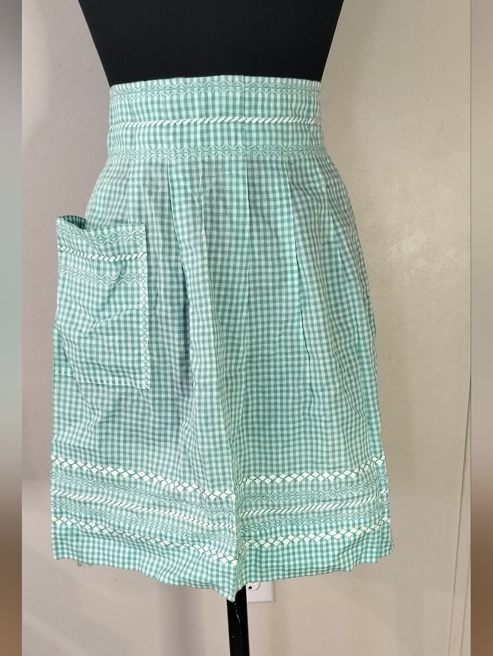 Mint Gingham Apron with Embroidered Hem - Brand Unspecified